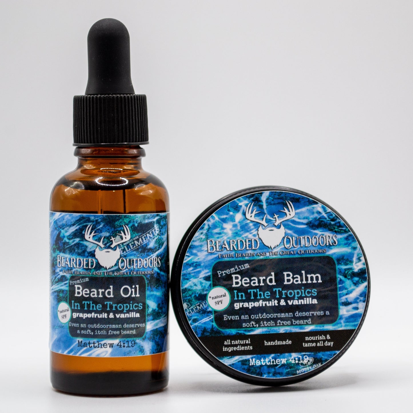 Mossy Oak In The Tropics (grapefruit and vanilla) Premium Beard Oil and Beard Balm wrapped in Elements Agua Camo with natural SPF