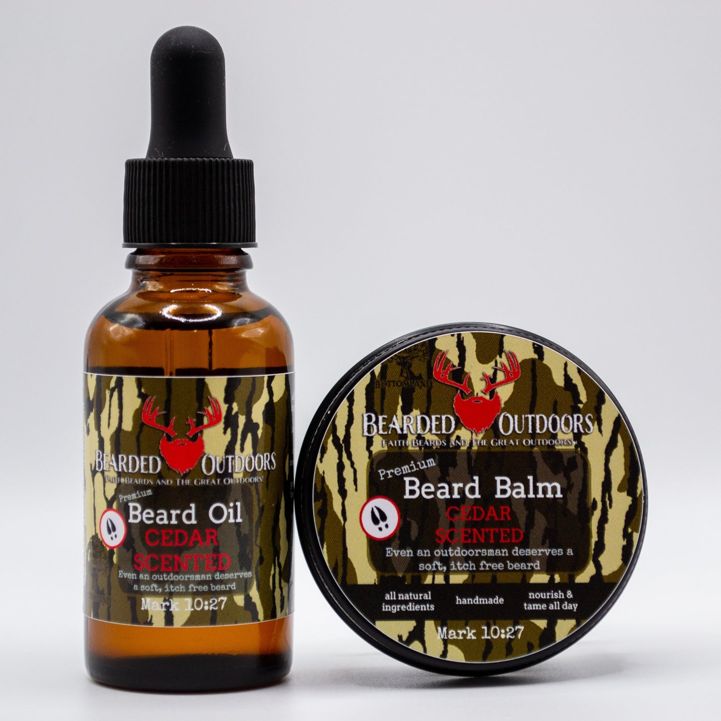 Mossy Oak Cedar Scented Premium Beard Oil and Beard Balm wrapped in Bottomland Camo