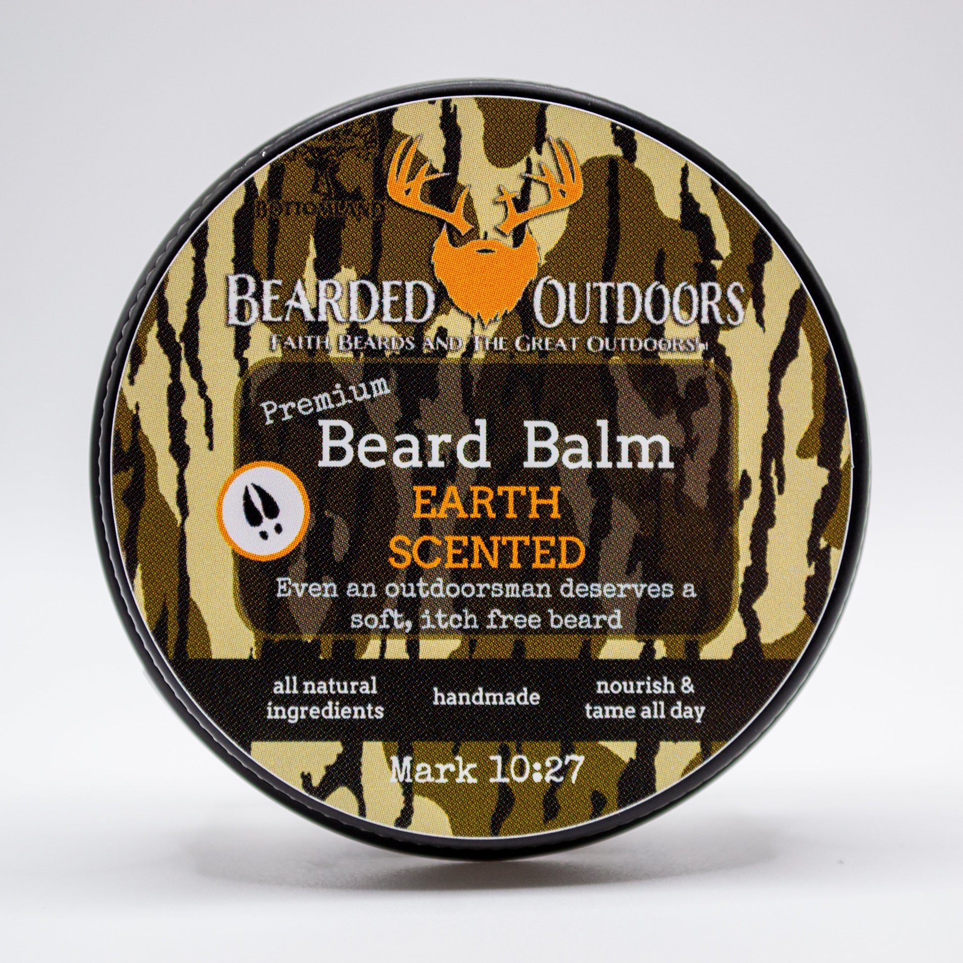 Mossy Oak Earth Scented Premium Beard Balm wrapped in Bottomland Camo by Bearded Outdoors