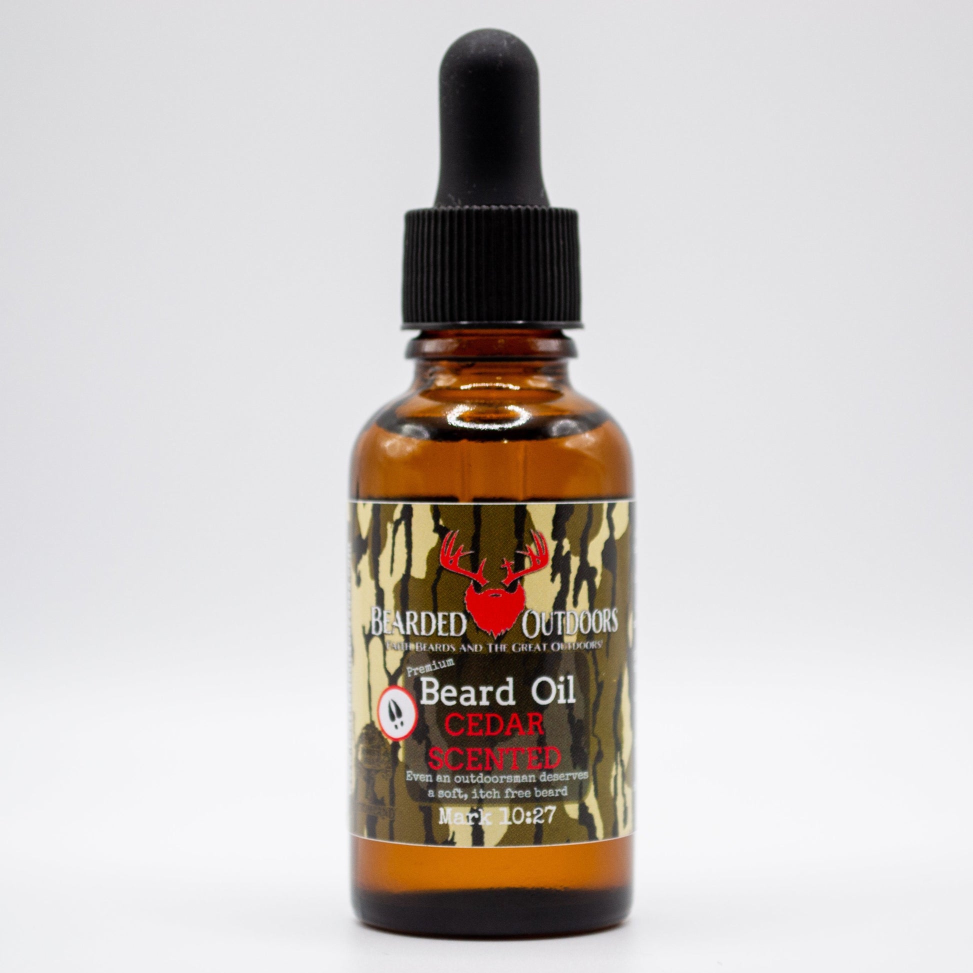 Mossy Oak Cedar Scented Premium Beard Oil wrapped in Bottomland Camo by Bearded Outdoors