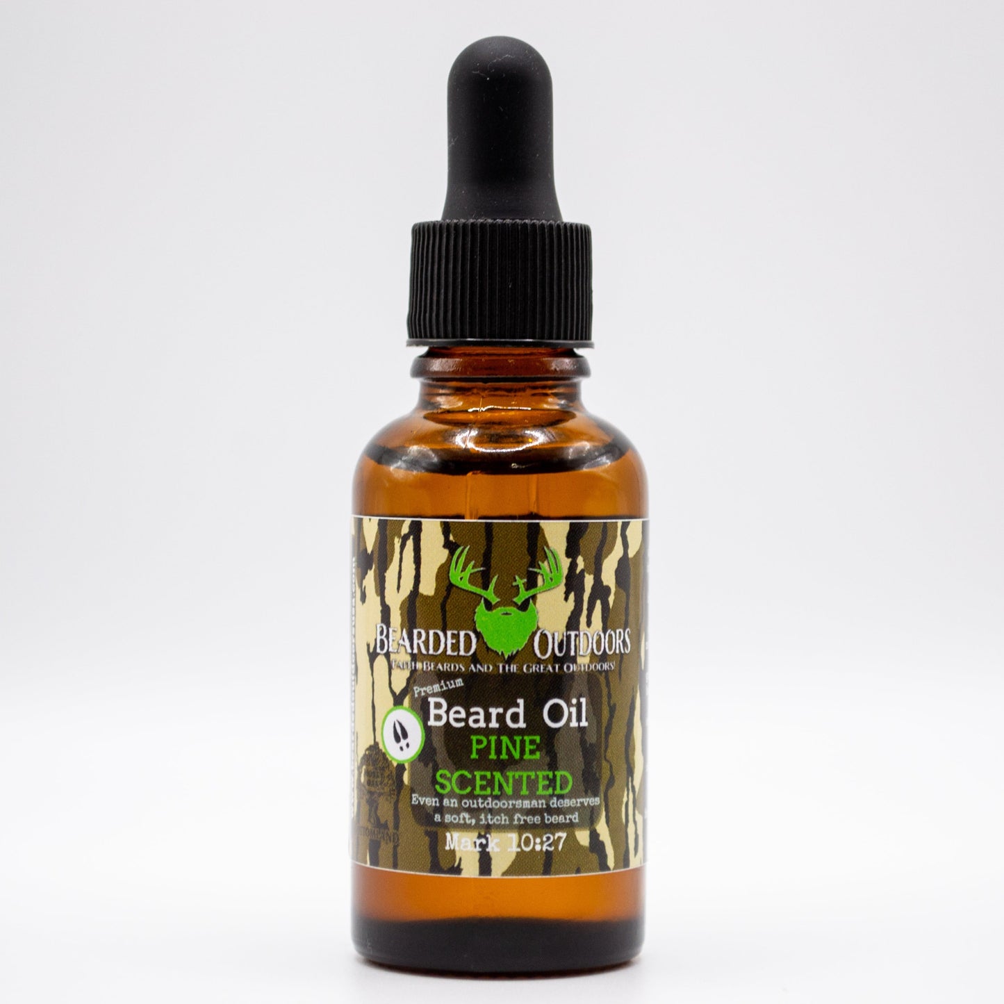 Mossy Oak Pine Scented Premium Beard Oil wrapped in Bottomland Camo by Bearded Outdoors