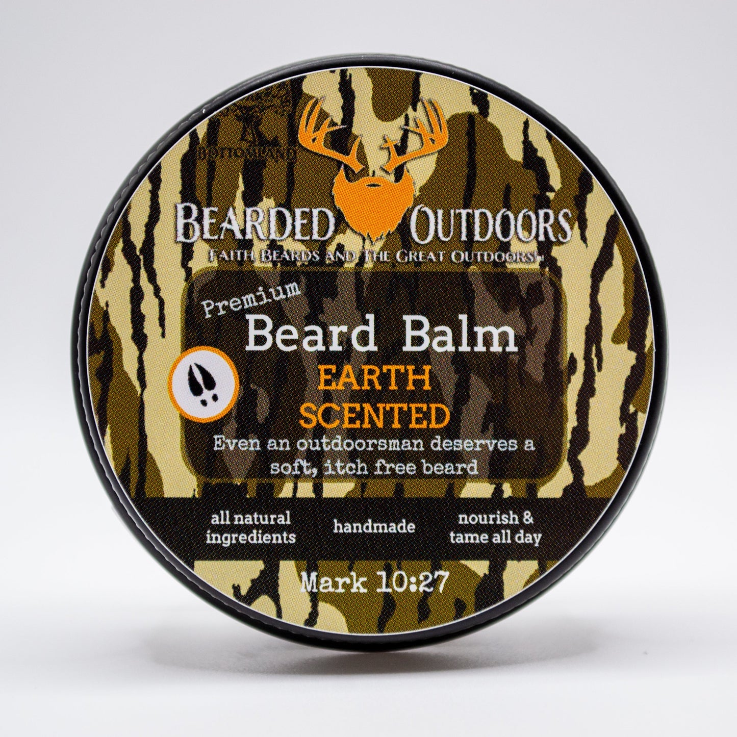 Mossy Oak Earth Scented Premium Beard Balm wrapped in Bottomland Camo by Bearded Outdoors