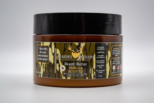beard butter in mossy oak bottomland, beard products made for hunting, vanilla scented beard butter