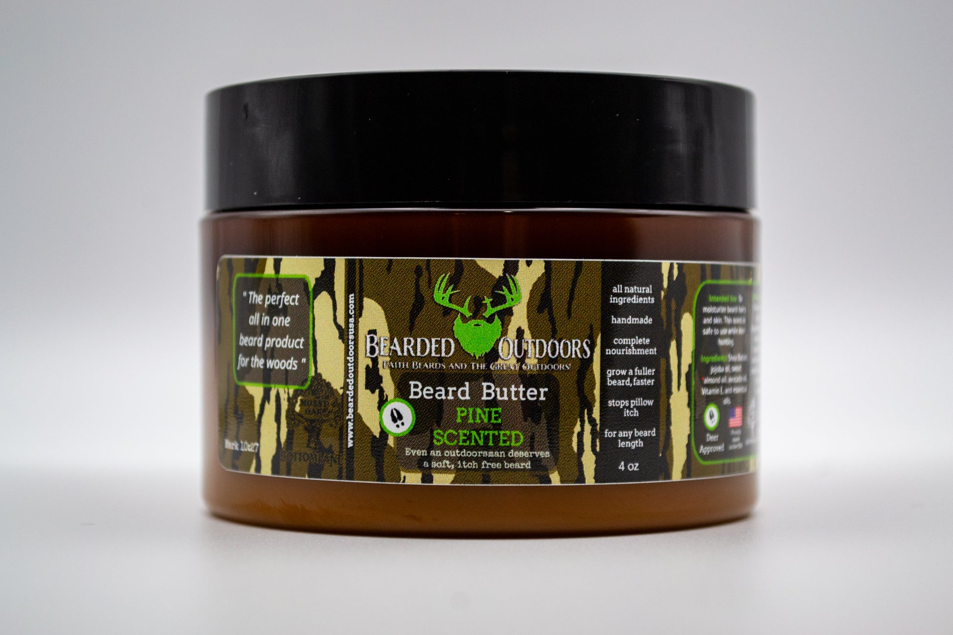 beard butter in mossy oak bottomland, beard products made for hunting, pine scented beard butter