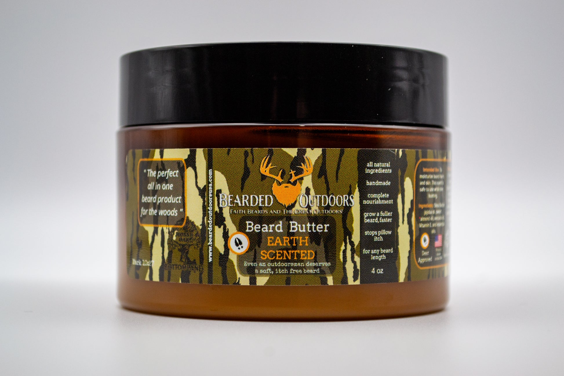 beard butter in mossy oak bottomland, beard products made for hunting, earth scented beard butter