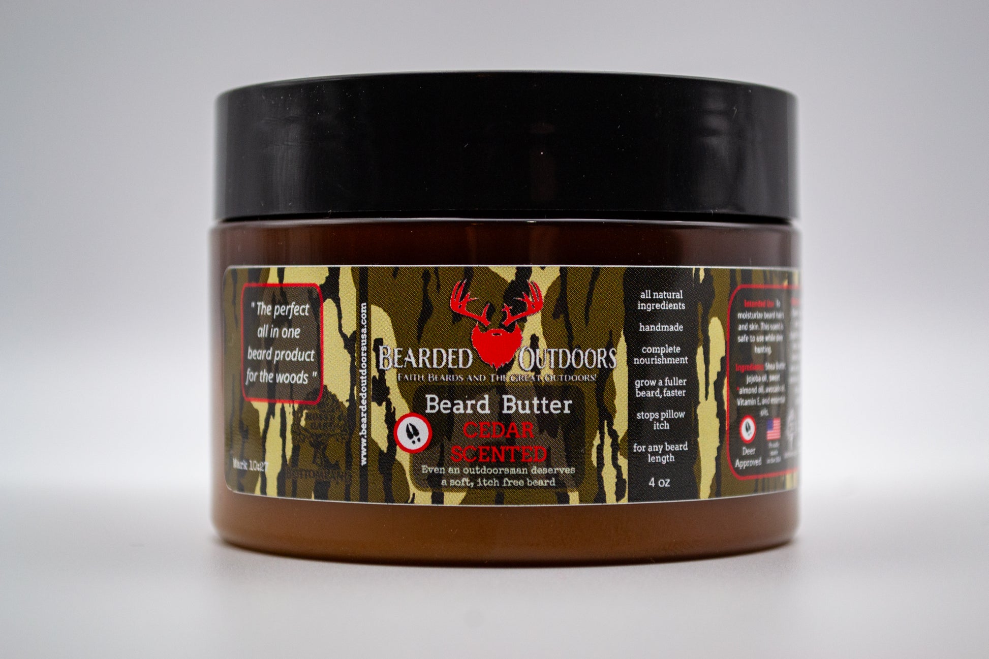 beard butter in mossy oak bottomland, beard products made for hunting, cedar scented beard butter