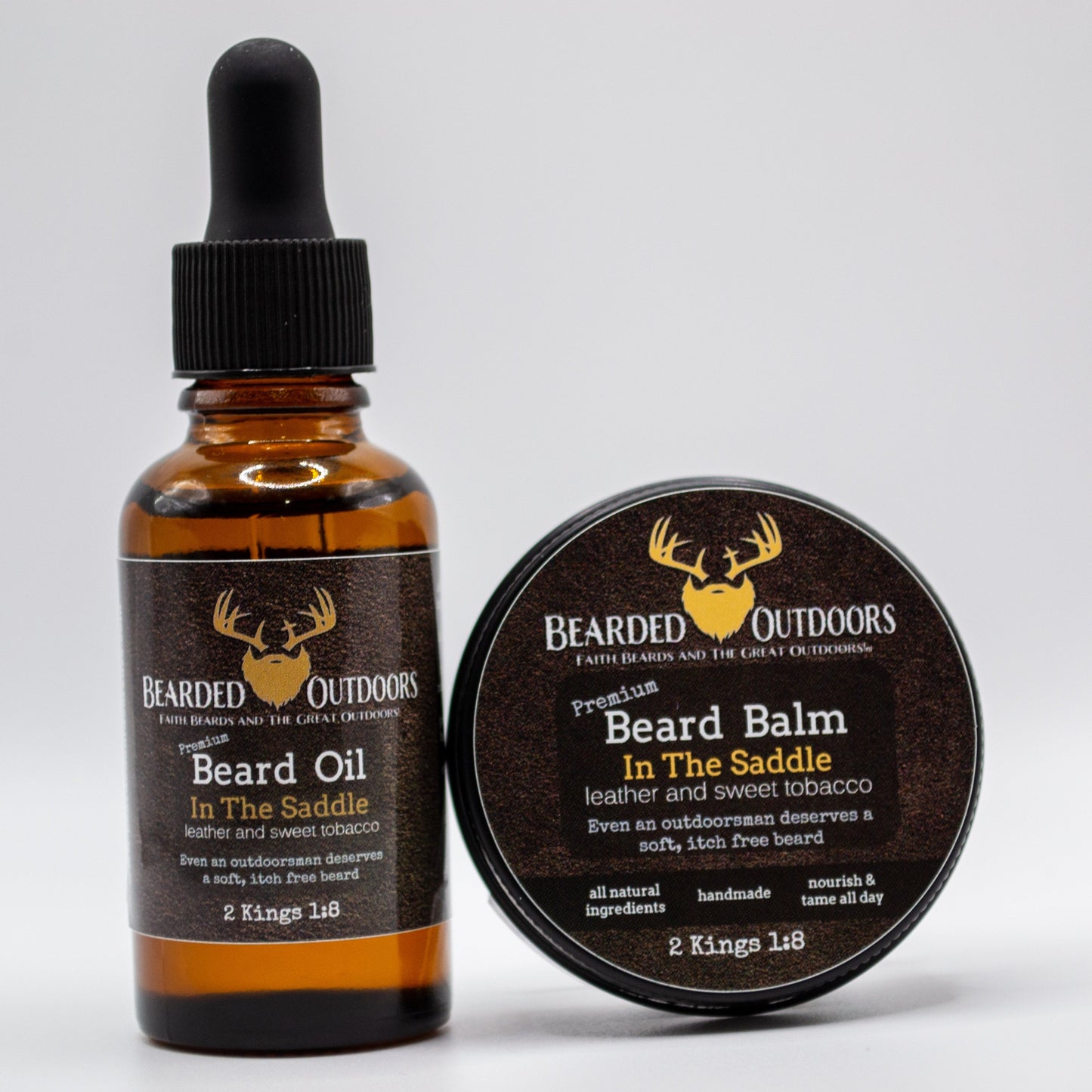 Bearded Outdoors In The Saddle (Leather and Sweet Tobacco) Premium Beard Oil and Beard Balm Combo