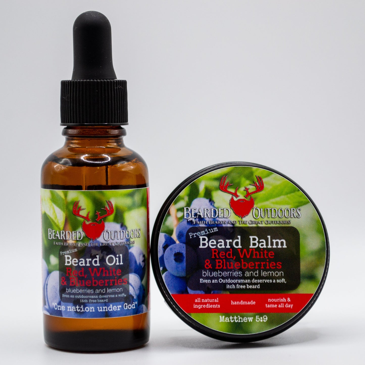 Bearded Outdoors Red, White and Blueberries (Blueberry and Lemon Scent) Premium Beard Oil and Beard Balm Combo