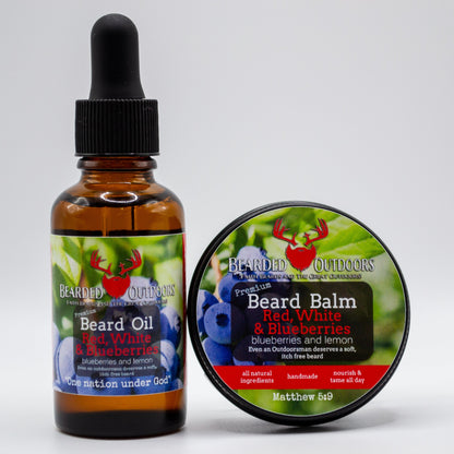Bearded Outdoors Red, White and Blueberries (Blueberry and Lemon Scent) Premium Beard Oil and Beard Balm Combo