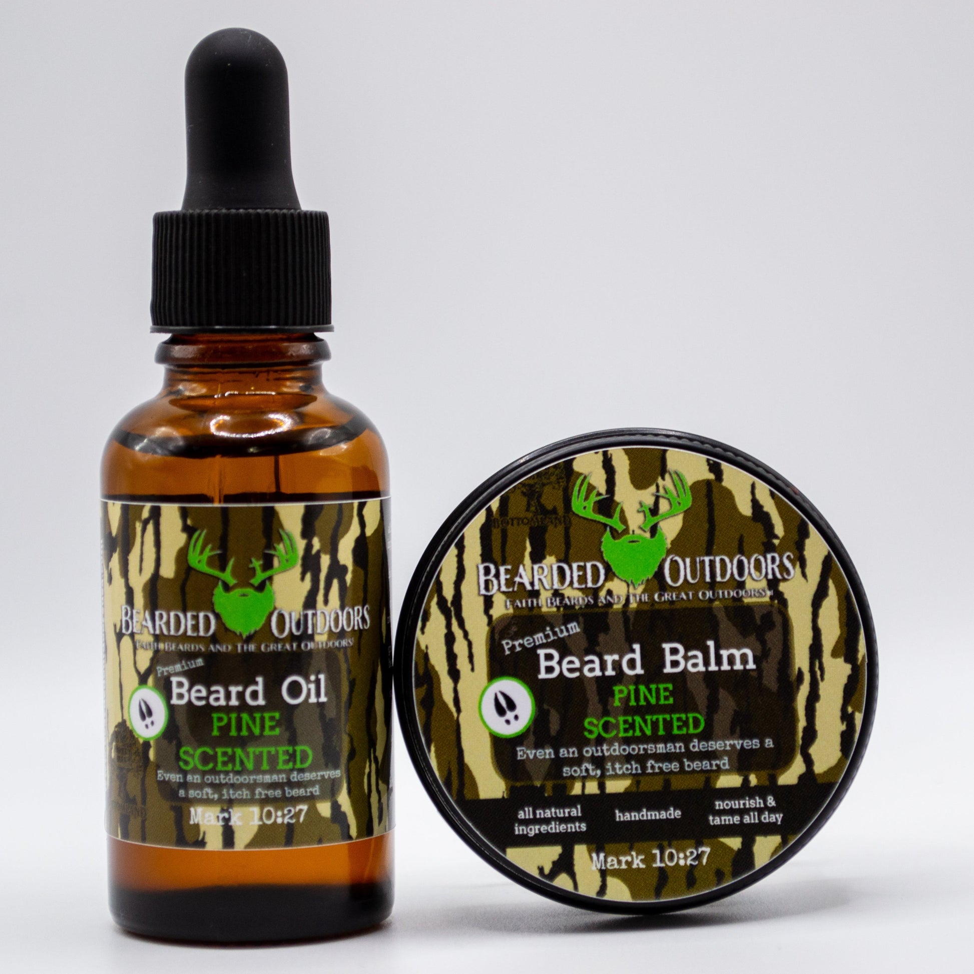 Mossy Oak Pine Scented Premium Beard Oil and Beard Balm wrapped in Bottomland Camo