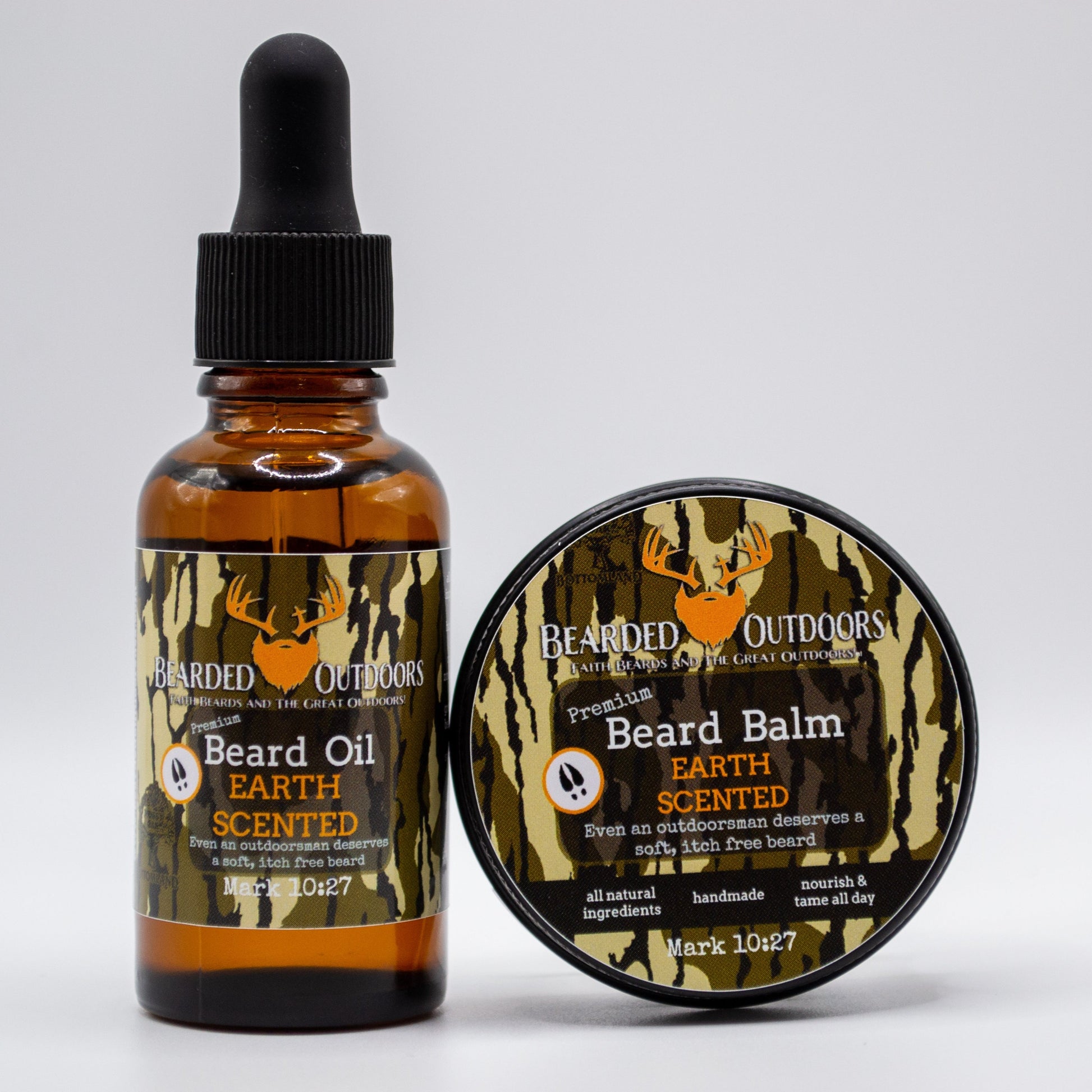 Mossy Oak Earth Scented Premium Beard Oil and Beard Balm wrapped in Bottomland Camo