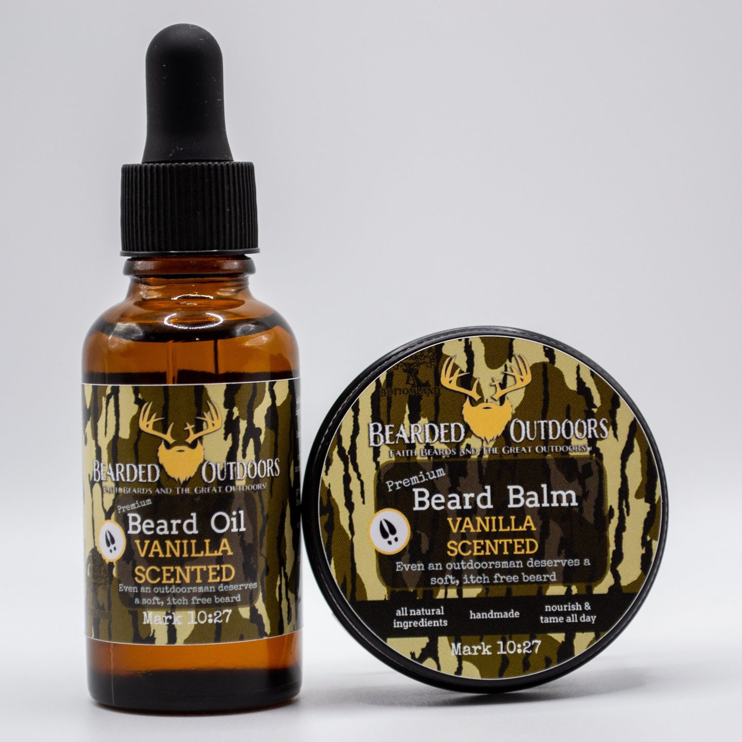 Mossy Oak Vanilla Scented Premium Beard Oil and Beard Balm wrapped in Bottomland Camo