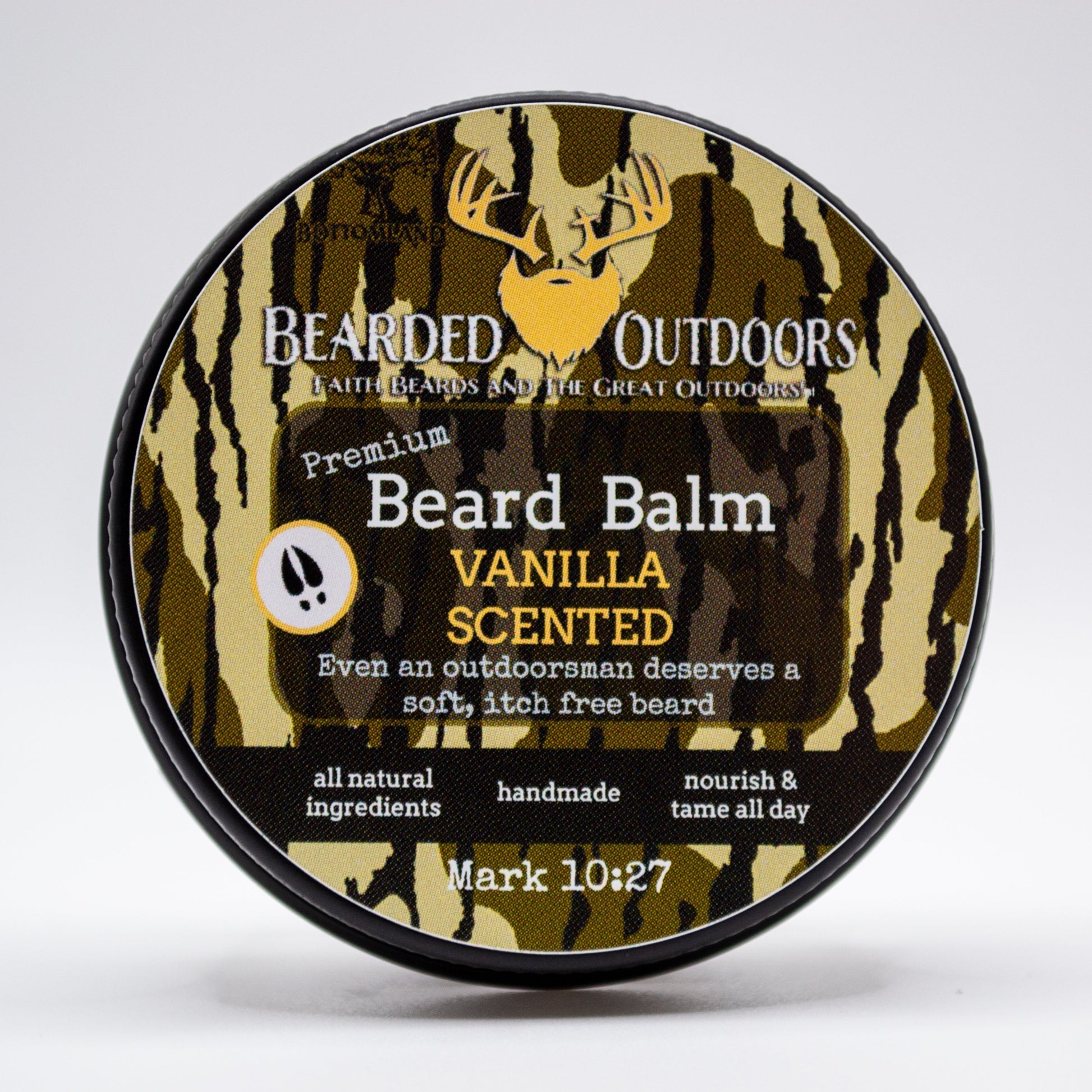 Mossy Oak Vanilla Scented Premium Beard Balm wrapped in Bottomland Camo by Bearded Outdoors