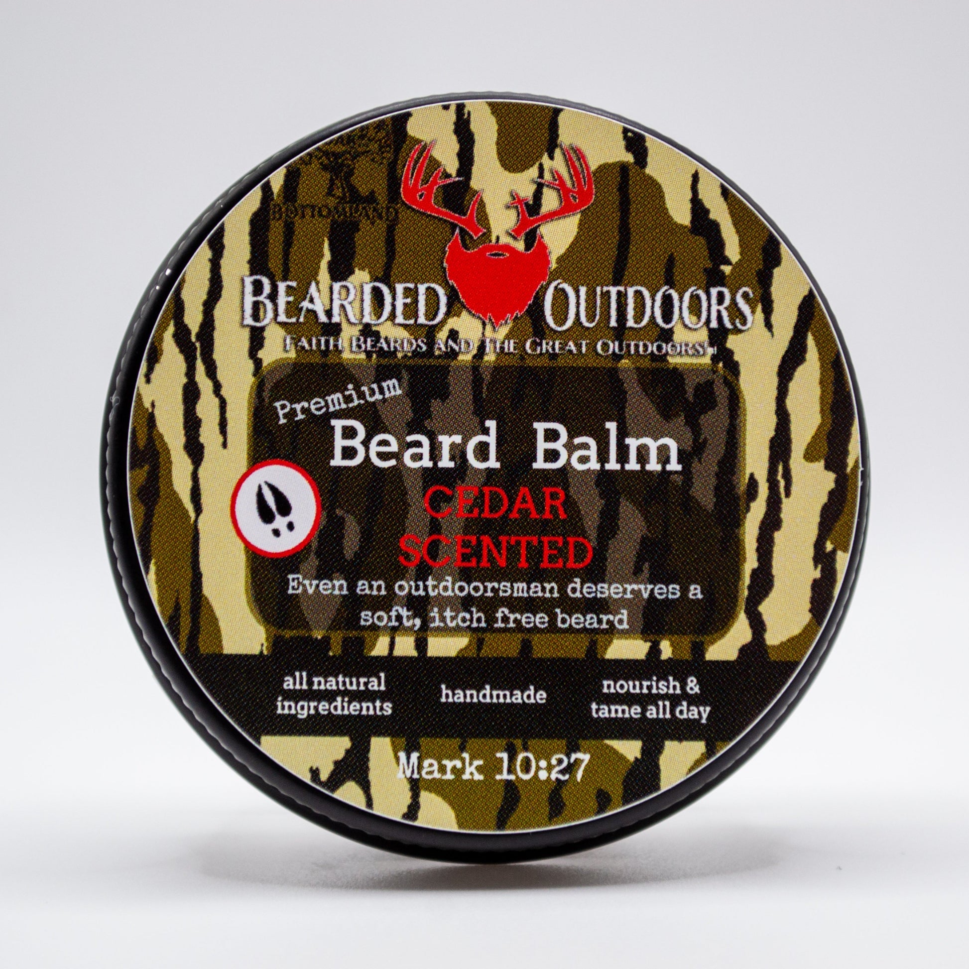 Mossy Oak Cedar Scented Premium Beard Balm wrapped in Bottomland Camo by Bearded Outdoors