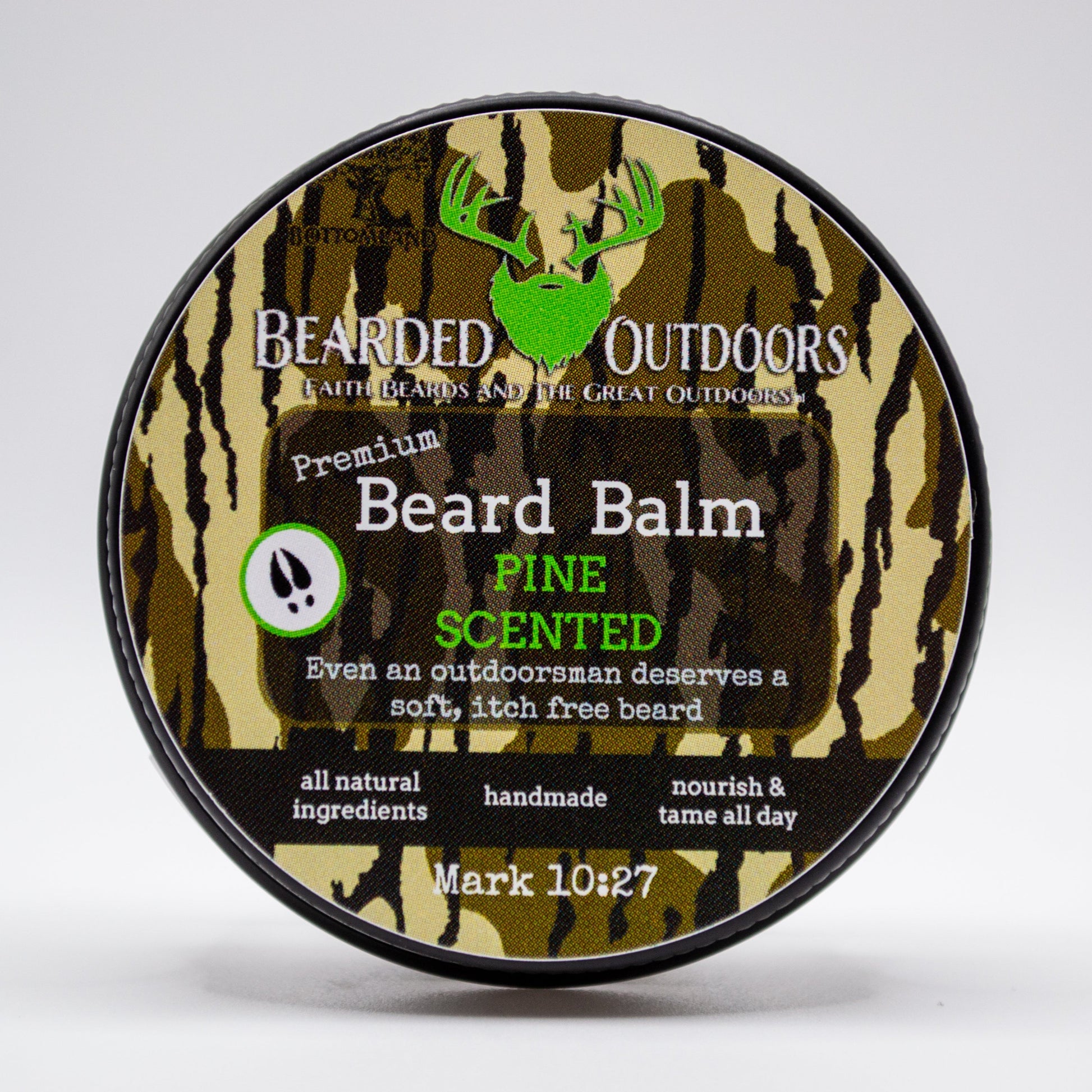 Mossy Oak Pine Scented Premium Beard Balm wrapped in Bottomland Camo by Bearded Outdoors