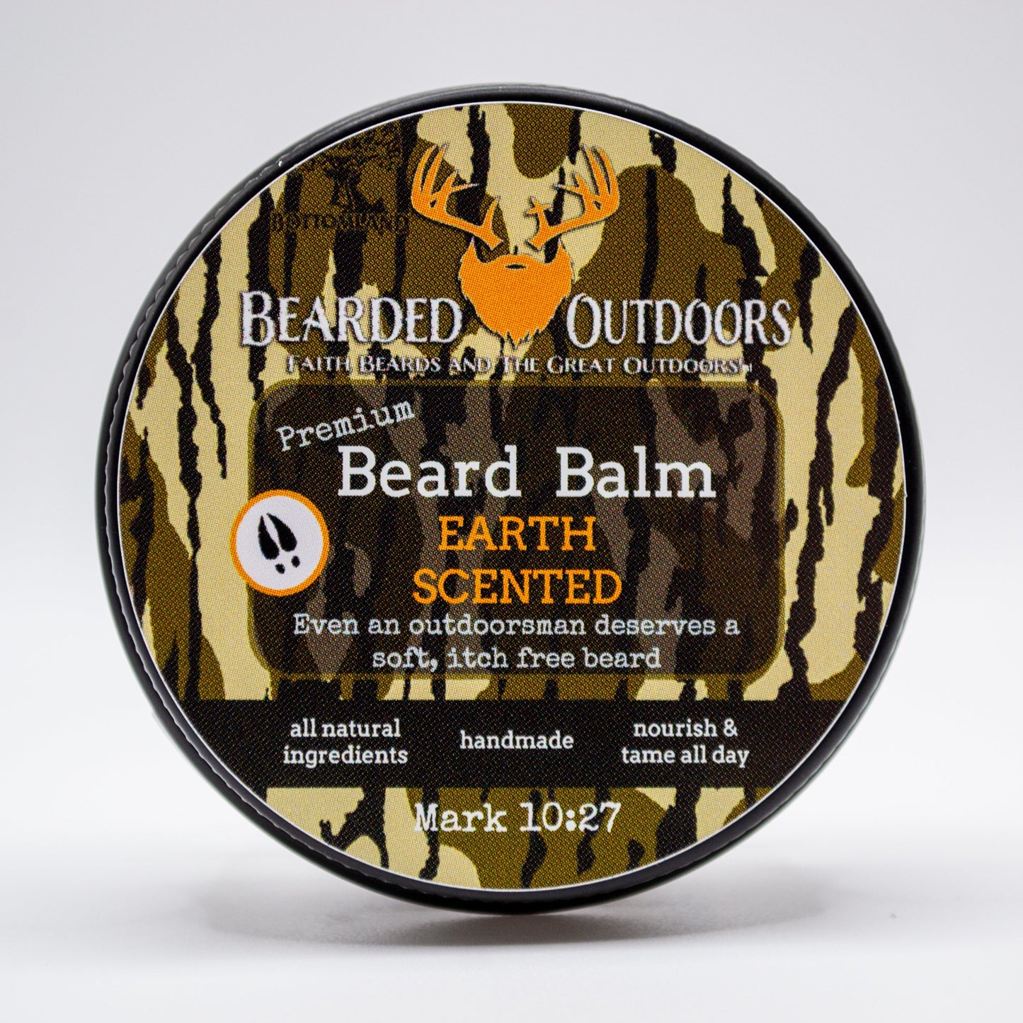 Premium beard balm tin with Mossy Oak Bottomland matte finish displaying Bearded Outdoors USA logo