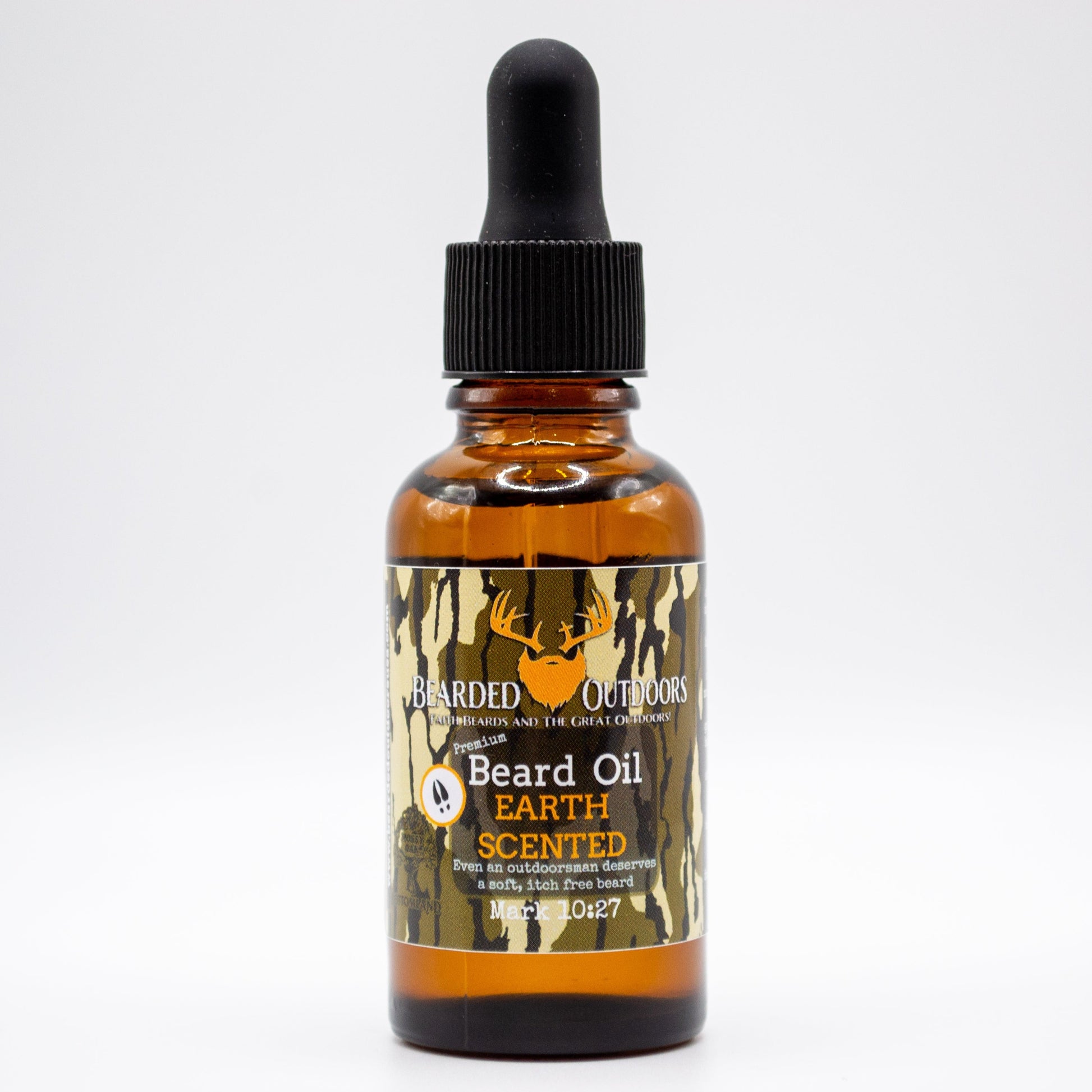 Mossy Oak Earth Scented Premium Beard Oil wrapped in Bottomland Camo by Bearded Outdoors