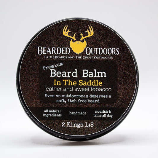 Premium beard balm tin with matte finish displaying Bearded Outdoors USA logo