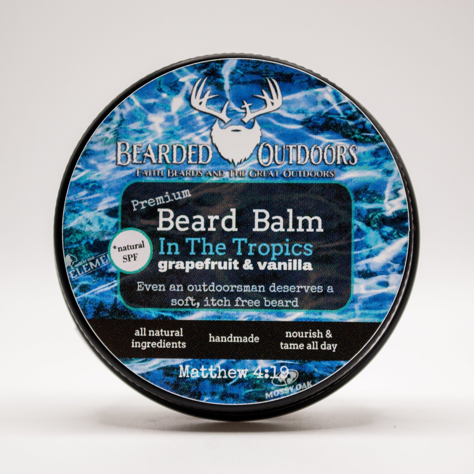 Premium beard balm tin with matte finish displaying Bearded Outdoors USA logo