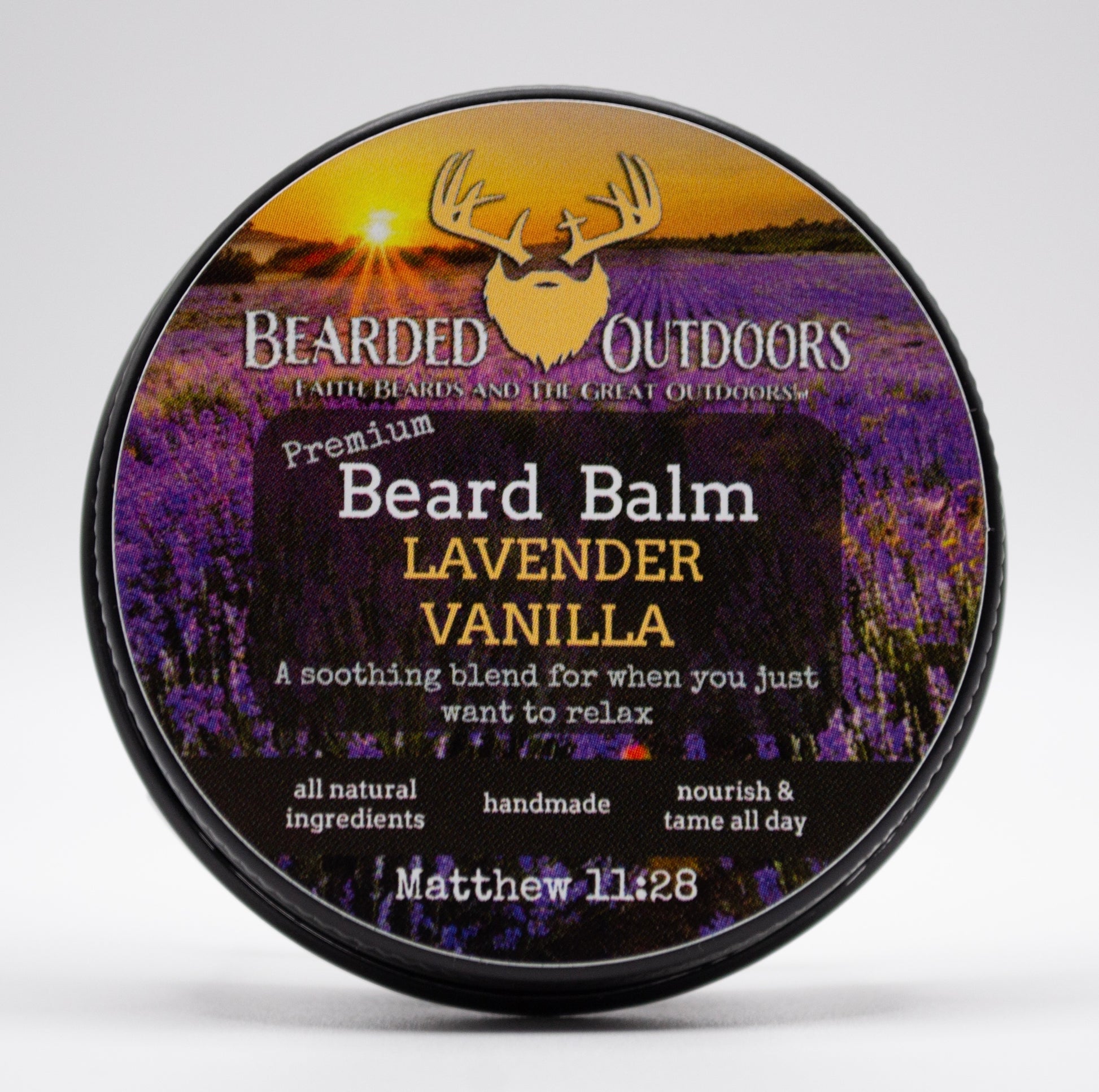 Premium beard balm tin with matte finish displaying Bearded Outdoors USA logo