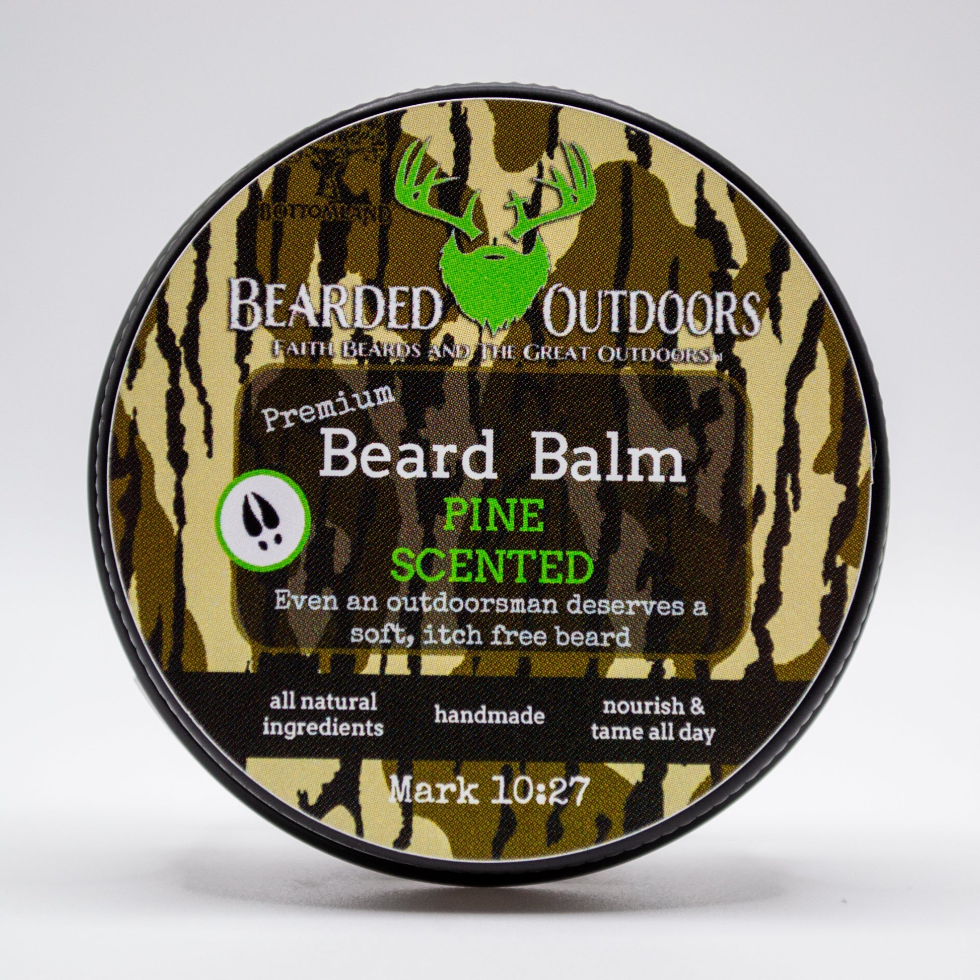 Premium beard balm tin with Mossy Oak Bottomland matte finish displaying Bearded Outdoors USA logo