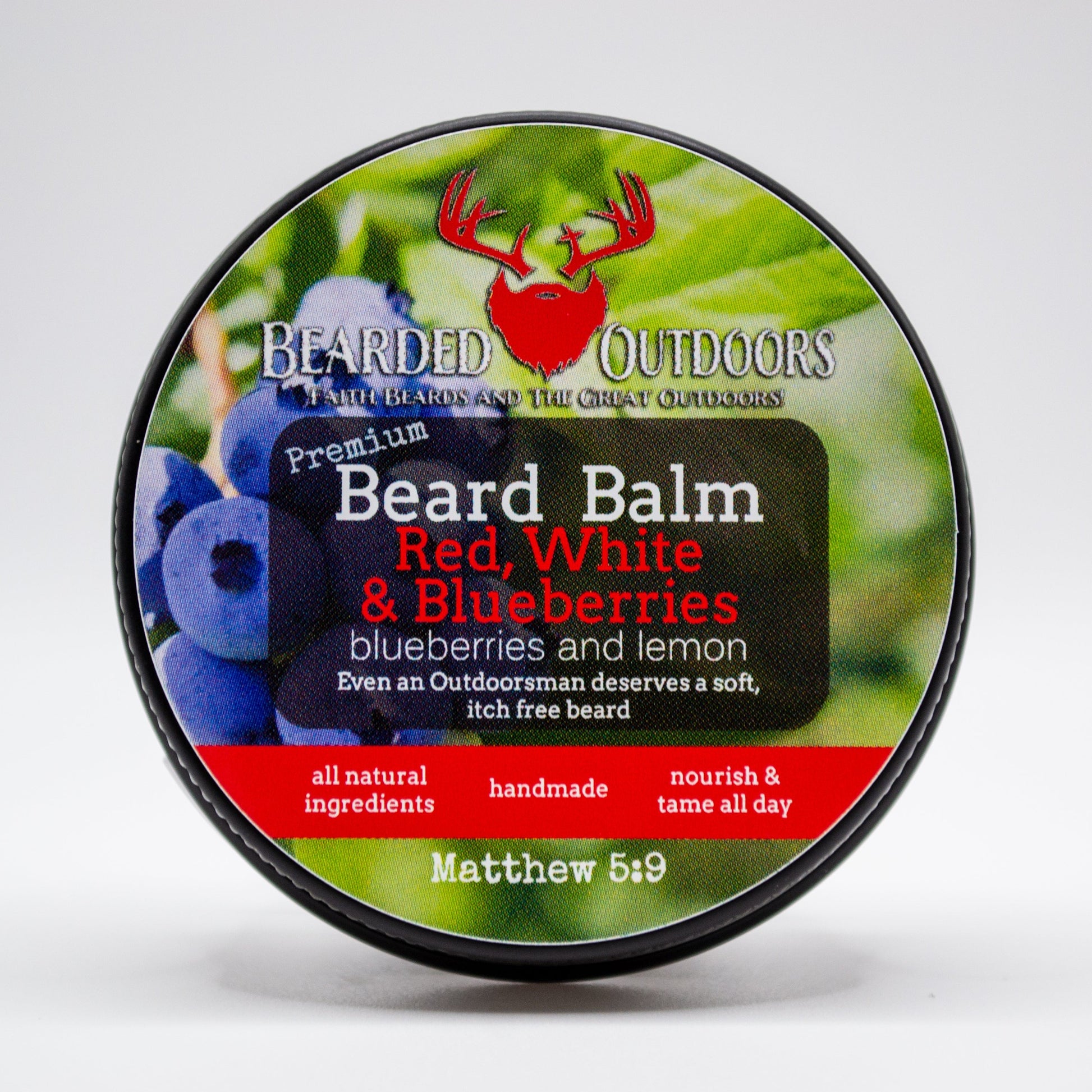 Premium beard balm tin with matte finish displaying Bearded Outdoors USA logo