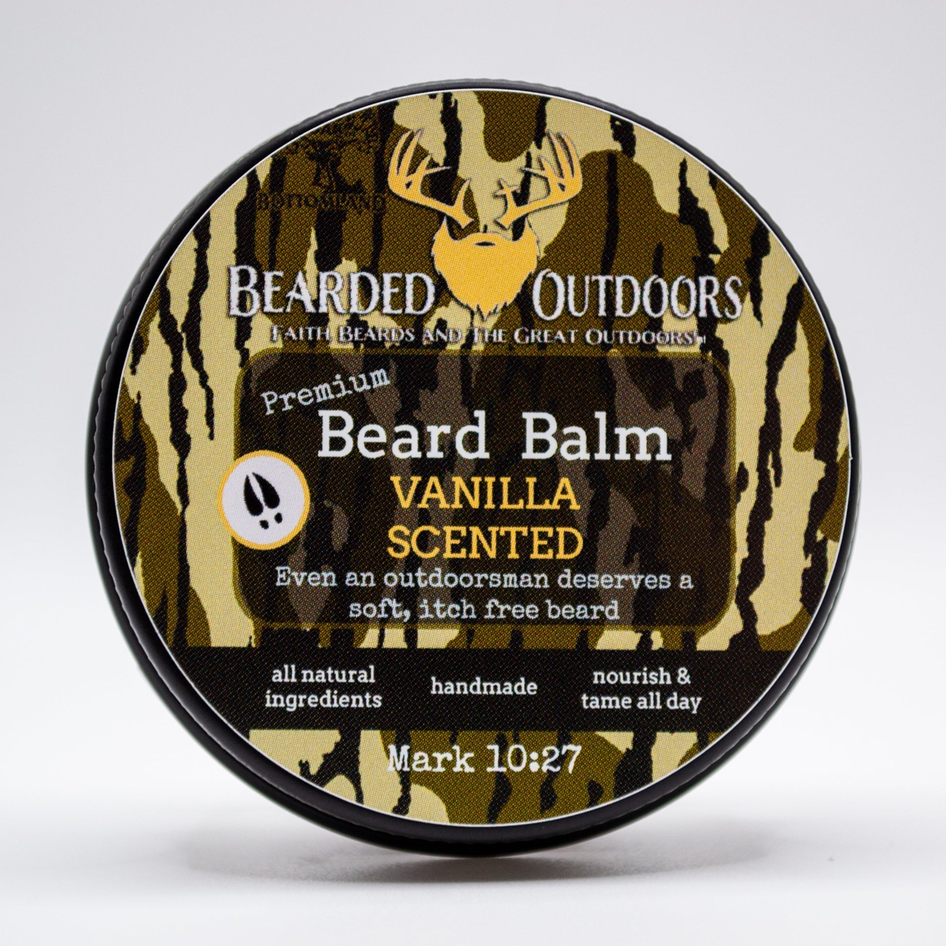 Premium beard balm tin with Mossy Oak Bottomland matte finish displaying Bearded Outdoors USA logo