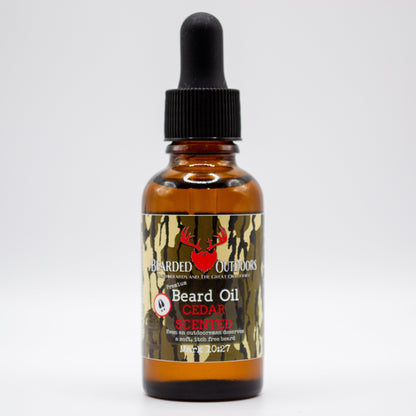 Mossy Oak Cedar Scented Premium Beard Oil wrapped in Bottomland Camo by Bearded Outdoors