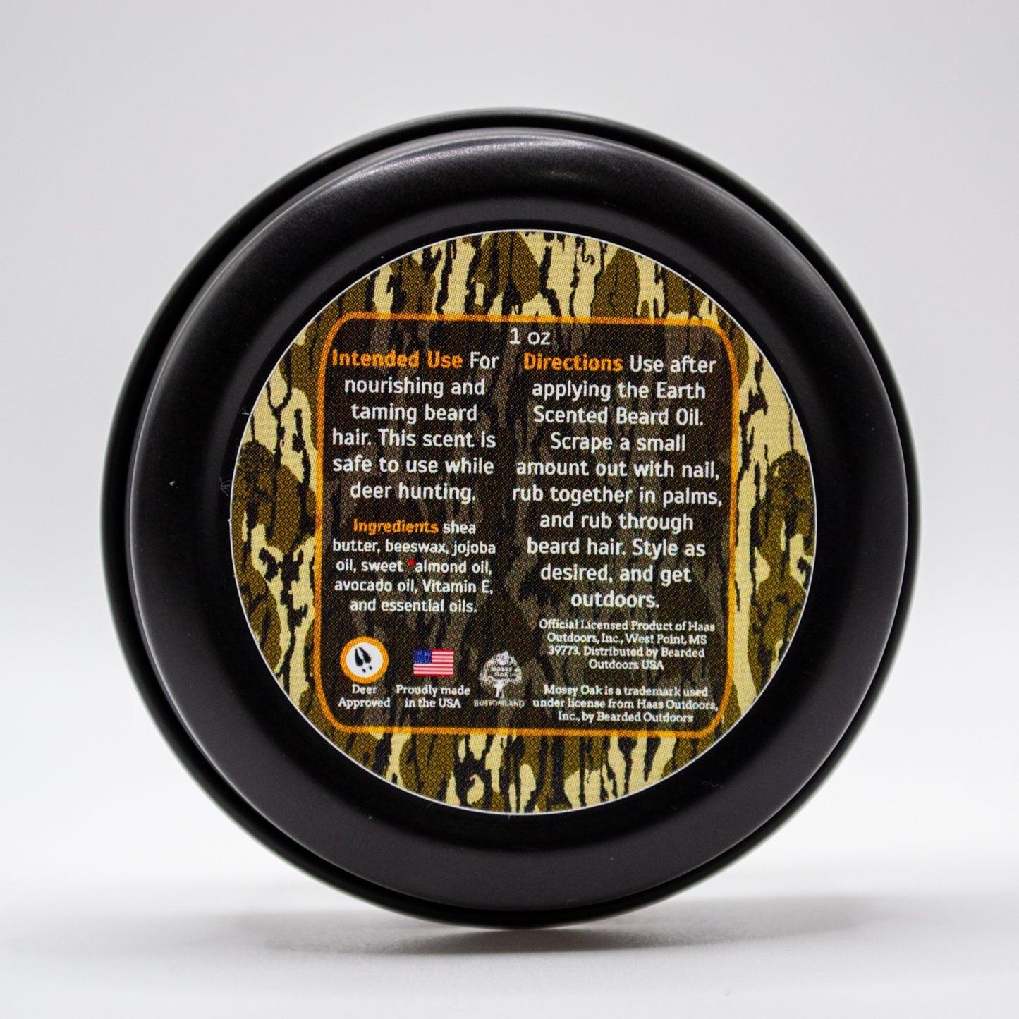 Mossy Oak Premium Beard Balm wrapped in Bottomland Camo by Bearded Outdoors