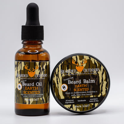 Mossy Oak Earth Scented Premium Beard Oil and Beard Balm wrapped in Bottomland Camo by Bearded Outdoors