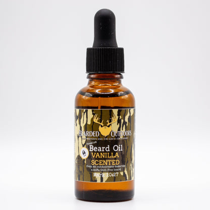Mossy Oak Vanilla Scented Premium Beard Oil wrapped in Bottomland Camo by Bearded Outdoors
