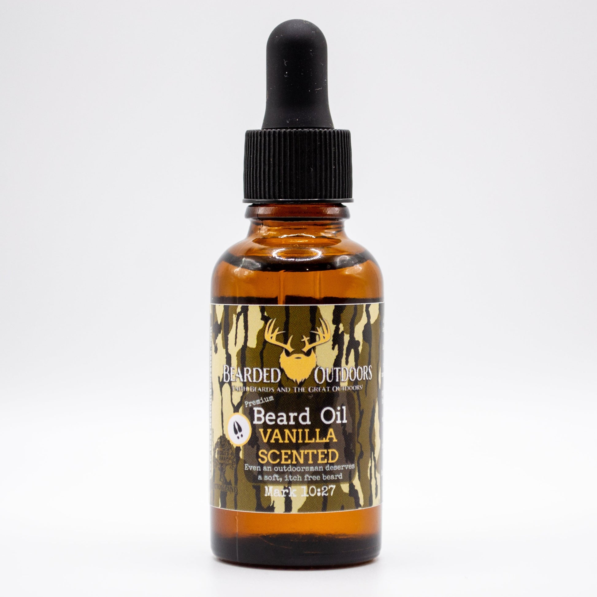 Mossy Oak Vanilla Scented Premium Beard Oil wrapped in Bottomland Camo by Bearded Outdoors