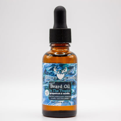 Mossy Oak In The Tropics (grapefruit and vanilla) Premium Beard Oil wrapped in Elements Camo with natural SPF by Bearded Outdoors
