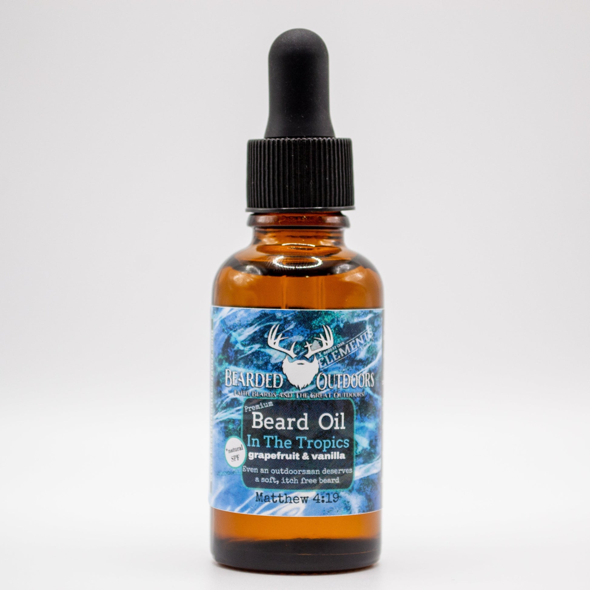 Mossy Oak In The Tropics (Grapefruit and Vanilla Scented) Premium Beard Oil wrapped in Elements Agua Camo by Bearded Outdoors