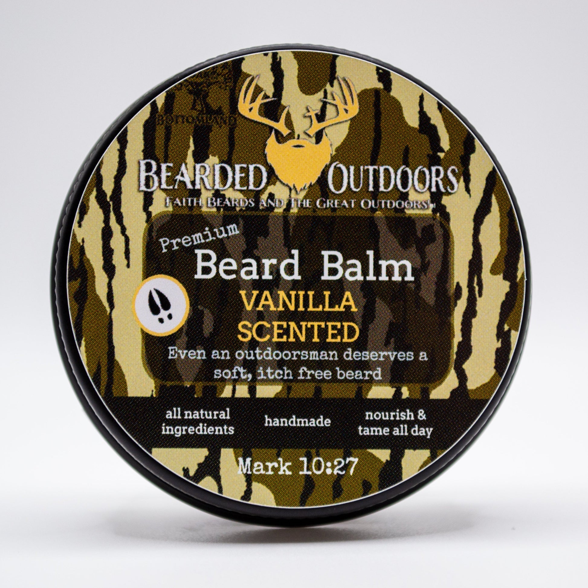Mossy Oak Vanilla Scented Premium Beard Balm wrapped in Bottomland Camo by Bearded Outdoors