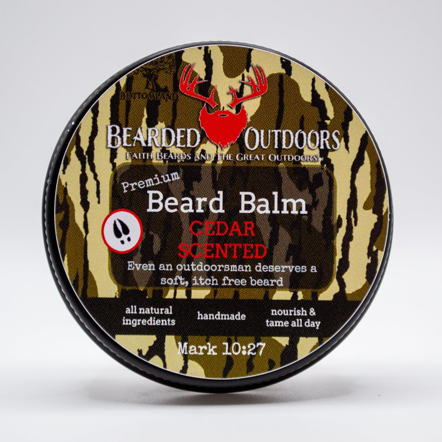 Mossy Oak Cedar Scented Premium Beard Balm wrapped in Bottomland Camo by Bearded Outdoors