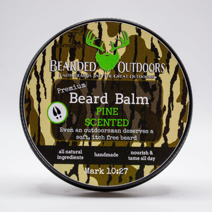 Mossy Oak Pine Scented Premium Beard Balm wrapped in Bottomland Camo by Bearded Outdoors