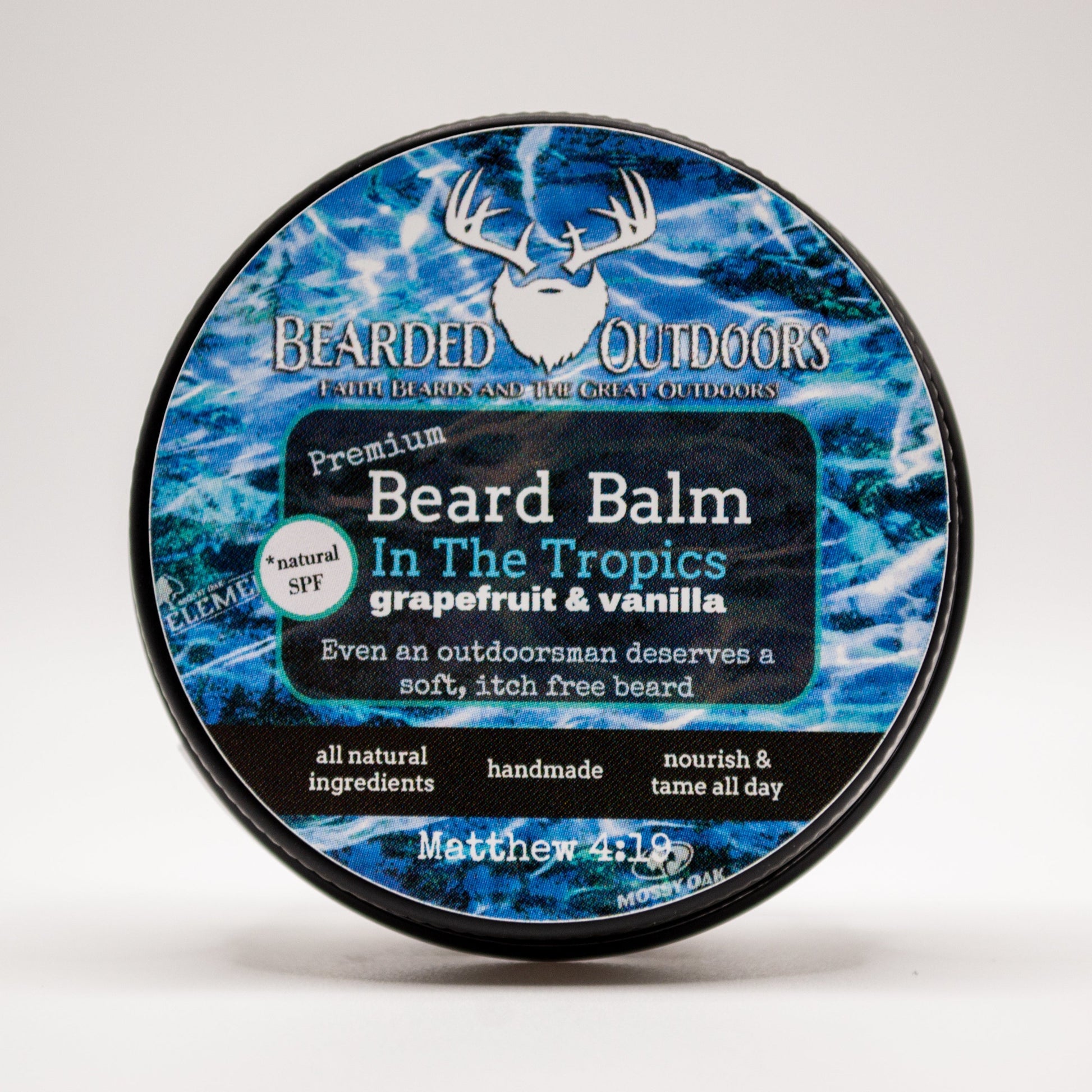 Mossy Oak In The Tropics (grapefruit and vanilla) Premium Beard Balm wrapped in Elements Camo with natural SPF by Bearded Outdoors