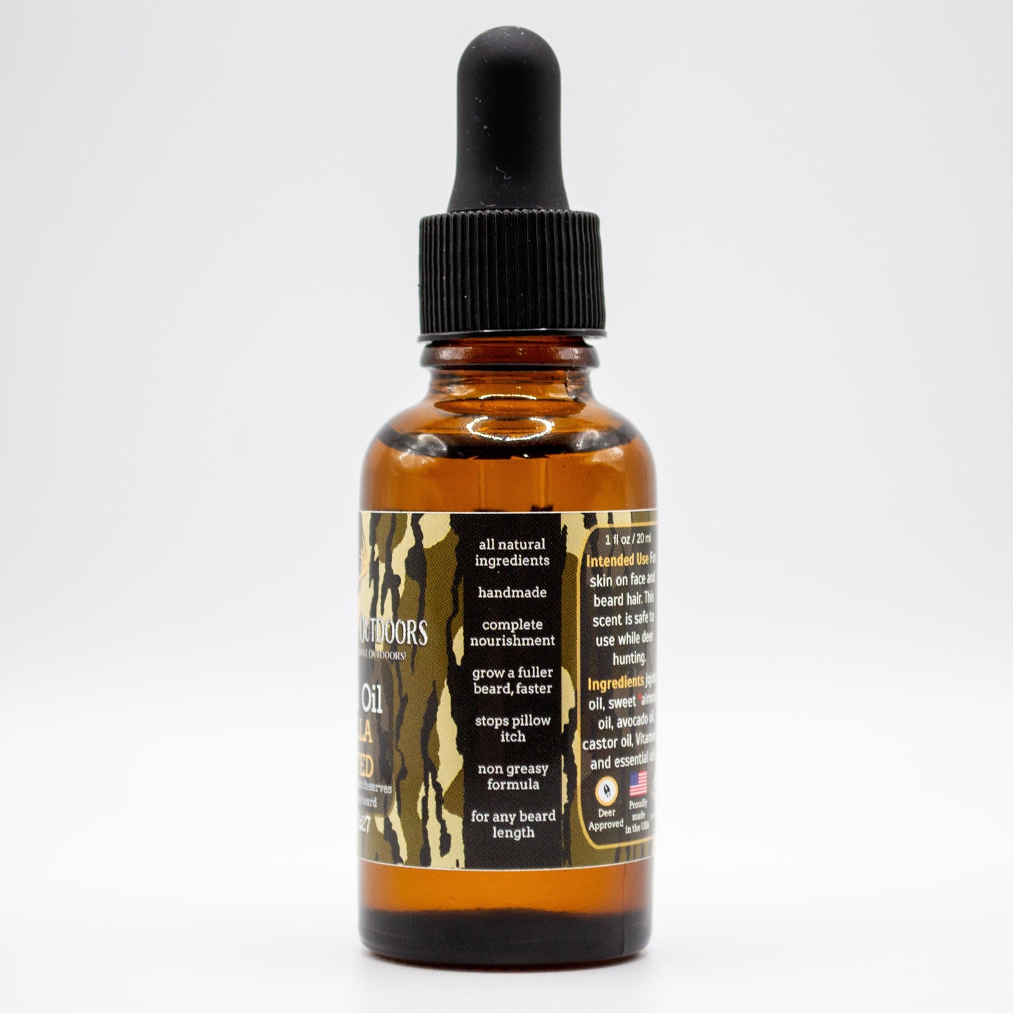 Mossy Oak Premium Beard Oil wrapped in Bottomland Camo by Bearded Outdoors